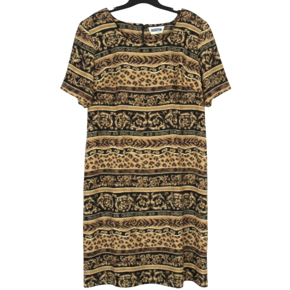 VTG PROPHECY Brown/Black BAROQUE/ANIMAL PRINT Zip Back SATIN Sheath Dress 18W - Picture 1 of 4